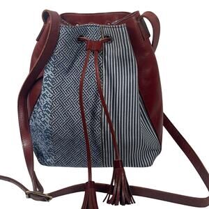 J. Jill Leather Blue Stripe Geometric Fabric Patchwork Boho Bucket Bag Adj Strap